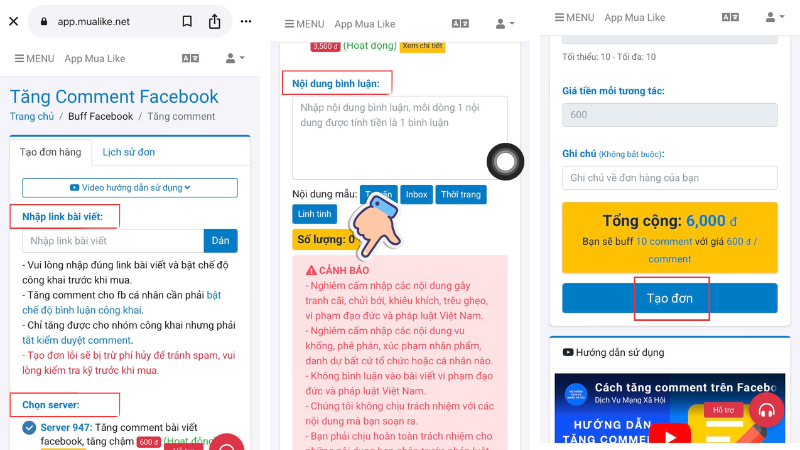  Tạo đơn buff comment facebook