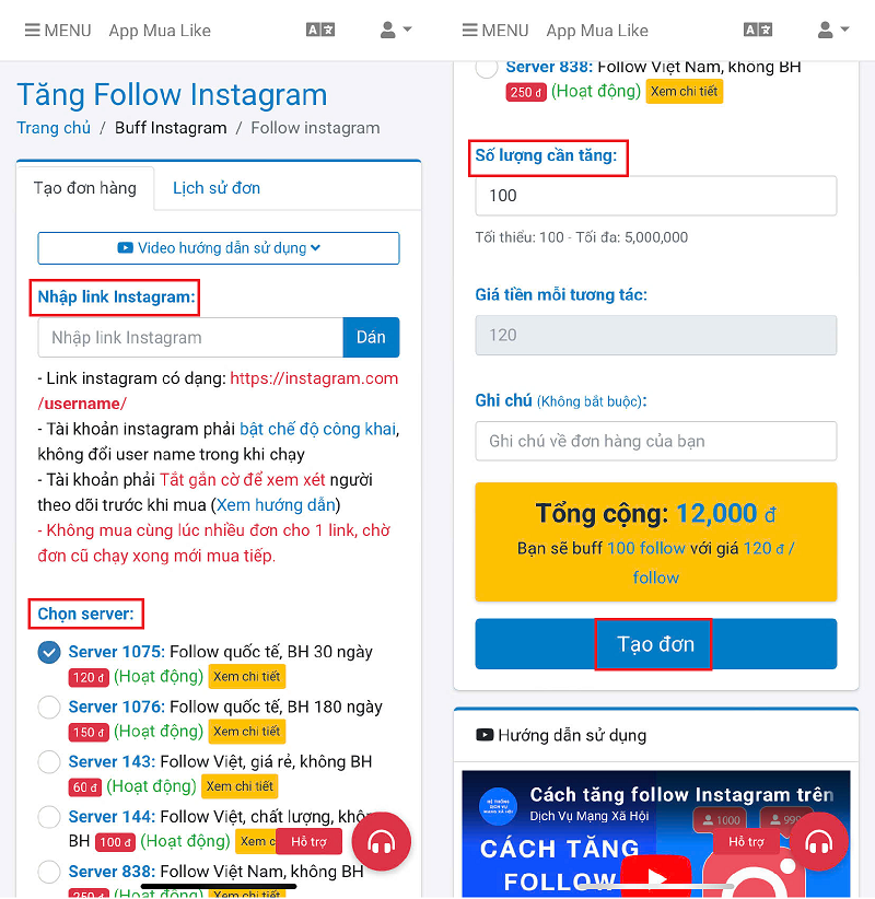 Tạo đơn hack follow instagram