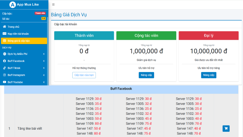 Bảng giá dịch vụ tăng like Facebook